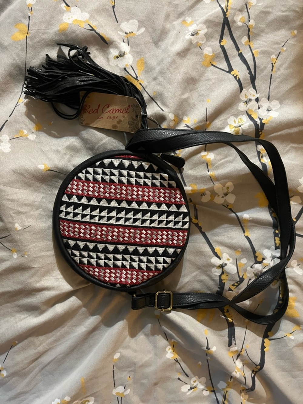 Red Camel Round Crossbody Bag in Black, Red & White Aztec